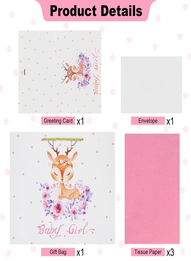 Oletx 13" Baby Shower Pink Gift Bag,Pink Party Favor Bag With Tissue Paper Greeting Card(Deer Design) - Image 2